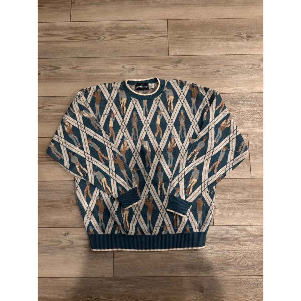 Vintage Jack Nicklaus Golf Argyle Cotton Sweater Mens XL Teal‎ Blue Made in USA